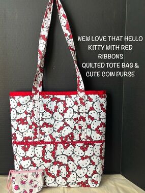 New Love that Hello Kitty with Red Bows Quilted Tote with Coin Purse Set